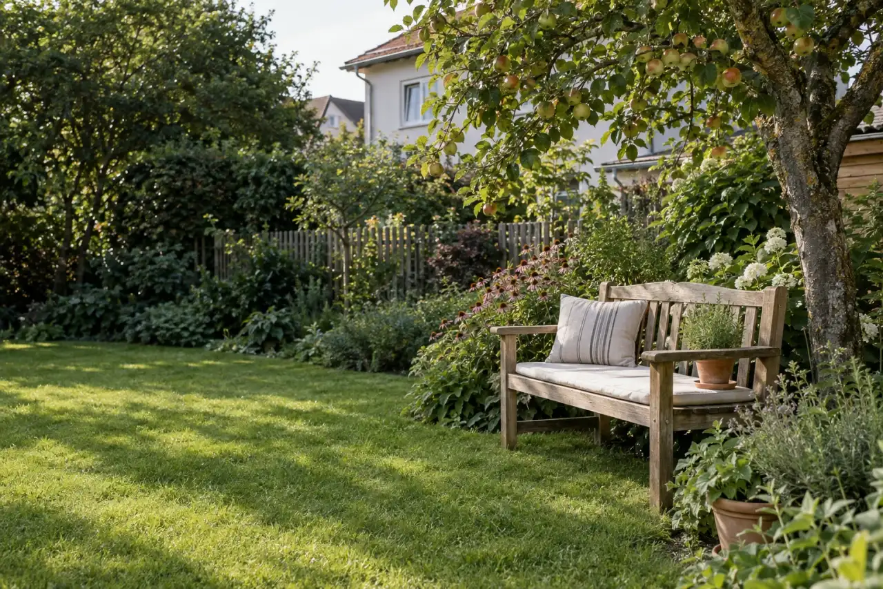 Selbst gebaute Holzbank neben Apfelbaum und Stauden im deutschen Garten.