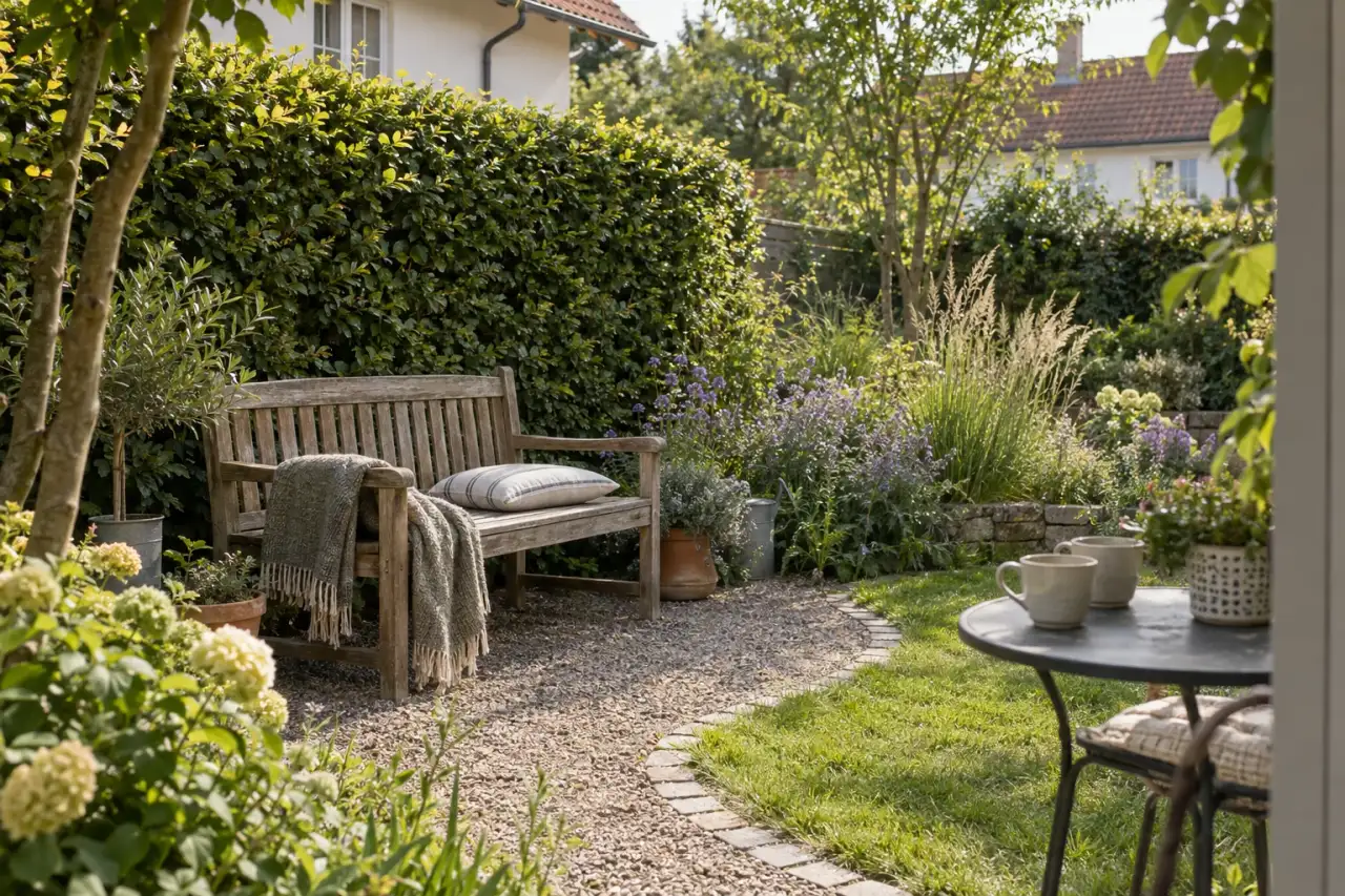 Eine Gartenbank mit Hecke, Stauden, Weg, Tisch und Textilien in einer Szene.
