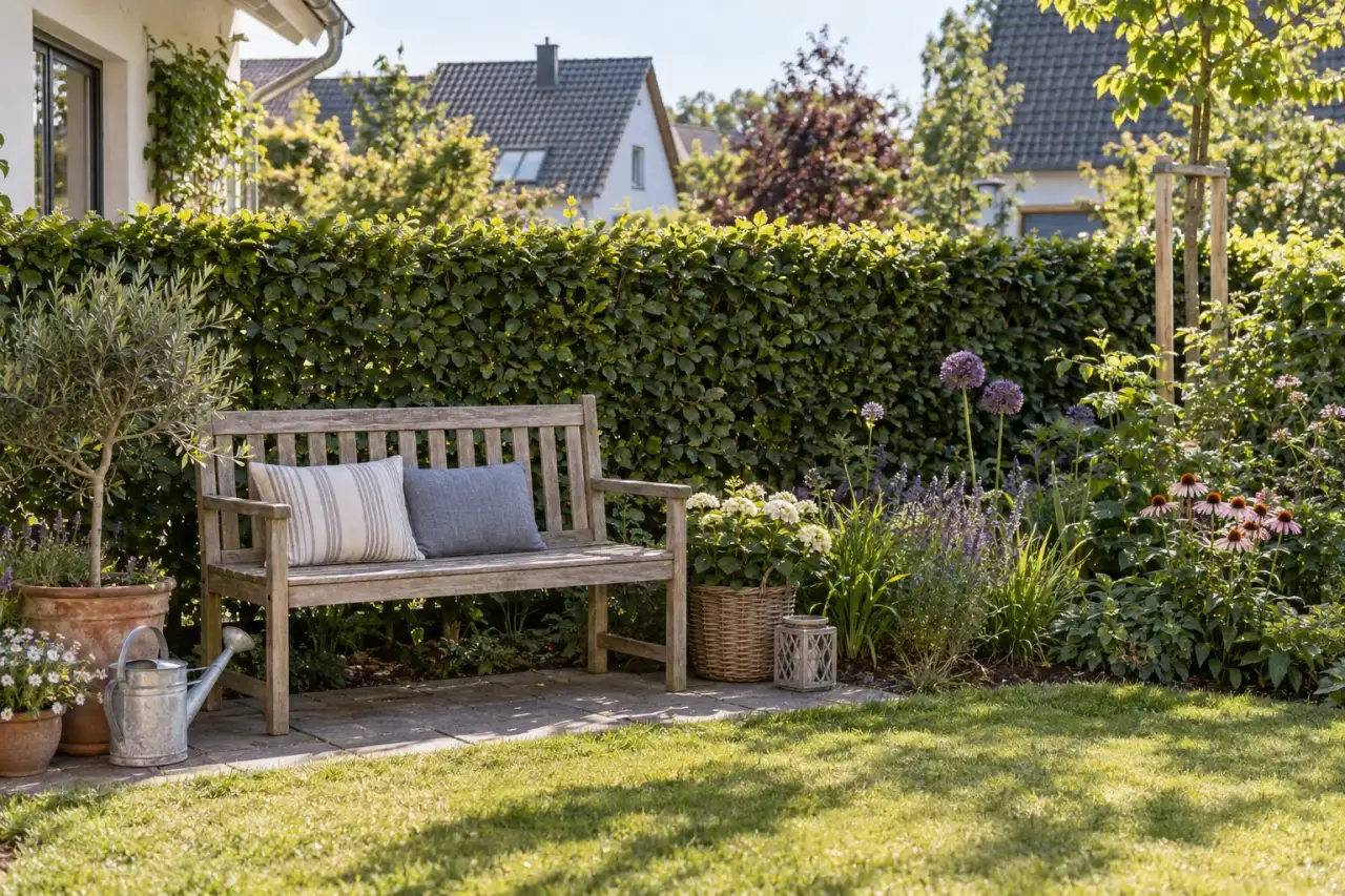 Gartenbank vor einer ruhigen Buchenhecke.