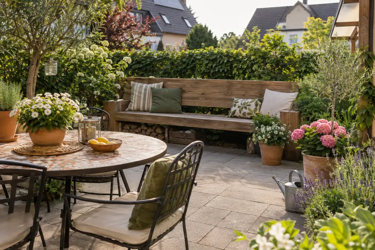 Breite Sitzbank am Familientisch auf einer kleinen Terrasse.