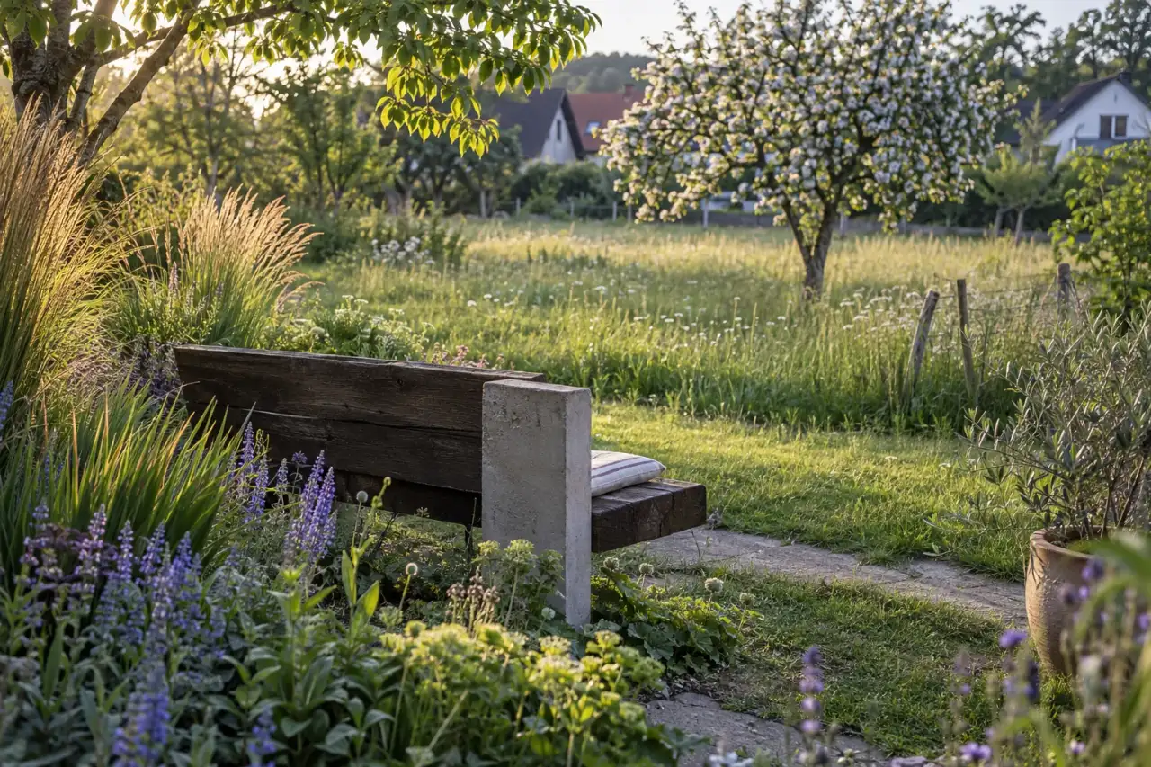 Markante Materialkombination aus Holz und Beton am Gartenweg.