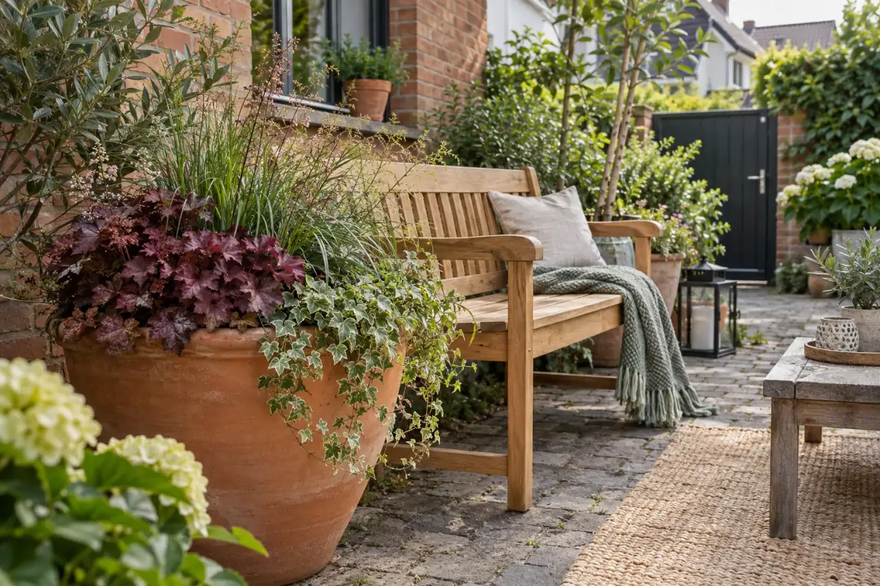 Gartenbank neben großem Terrakottatopf mit Gräsern und Purpurglöckchen.