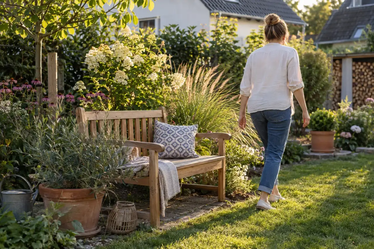 Fertige Gartenbank als einladender Sitzplatz zwischen Rasen und Stauden.