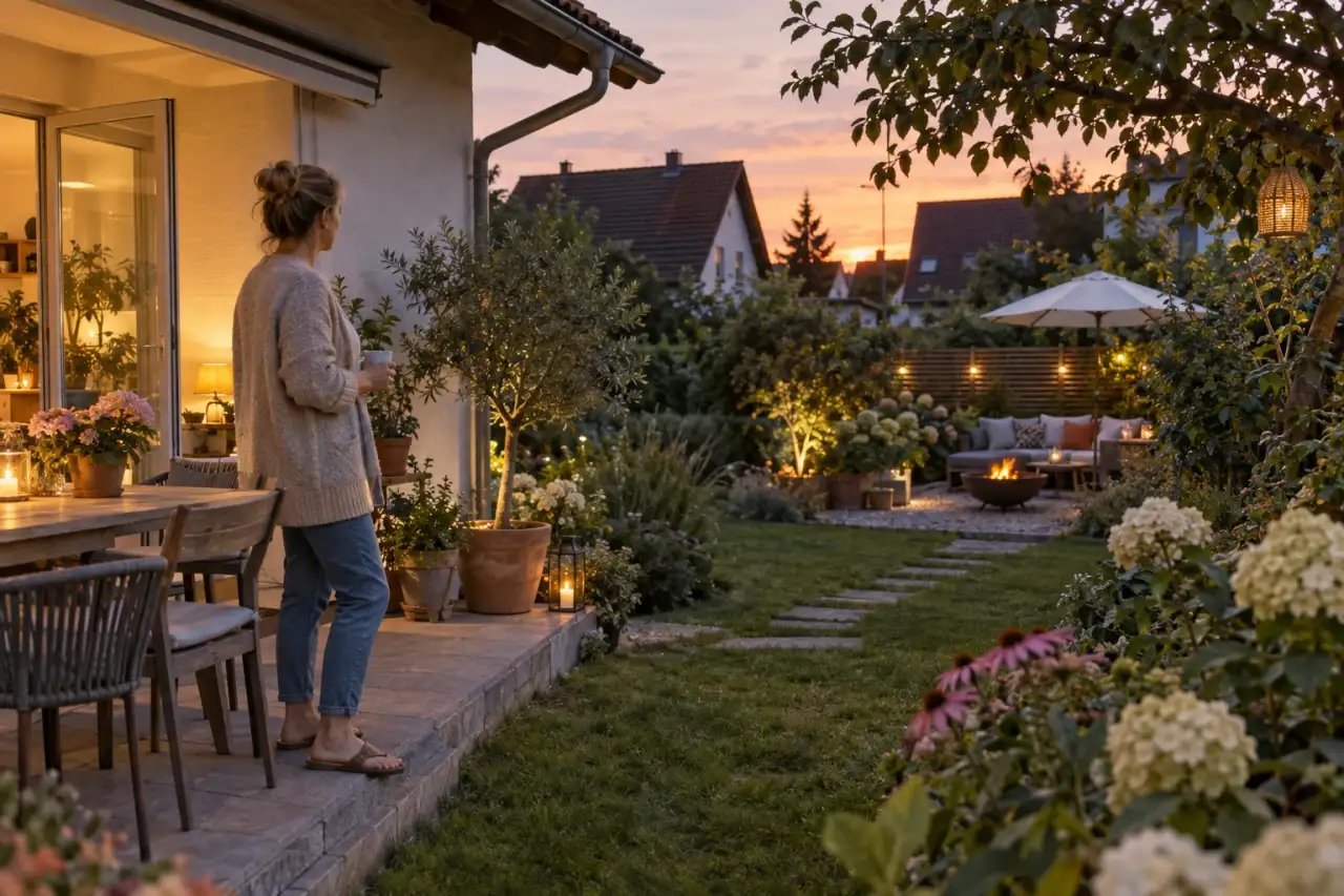Person betrachtet bei Dämmerung die künftige Lichtszene im Garten.