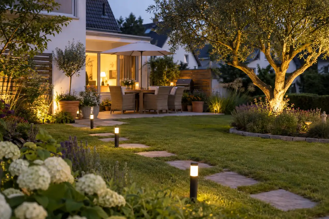 Garten mit klar erkennbaren Lichtaufgaben für Weg, Sitzplatz und Baum.