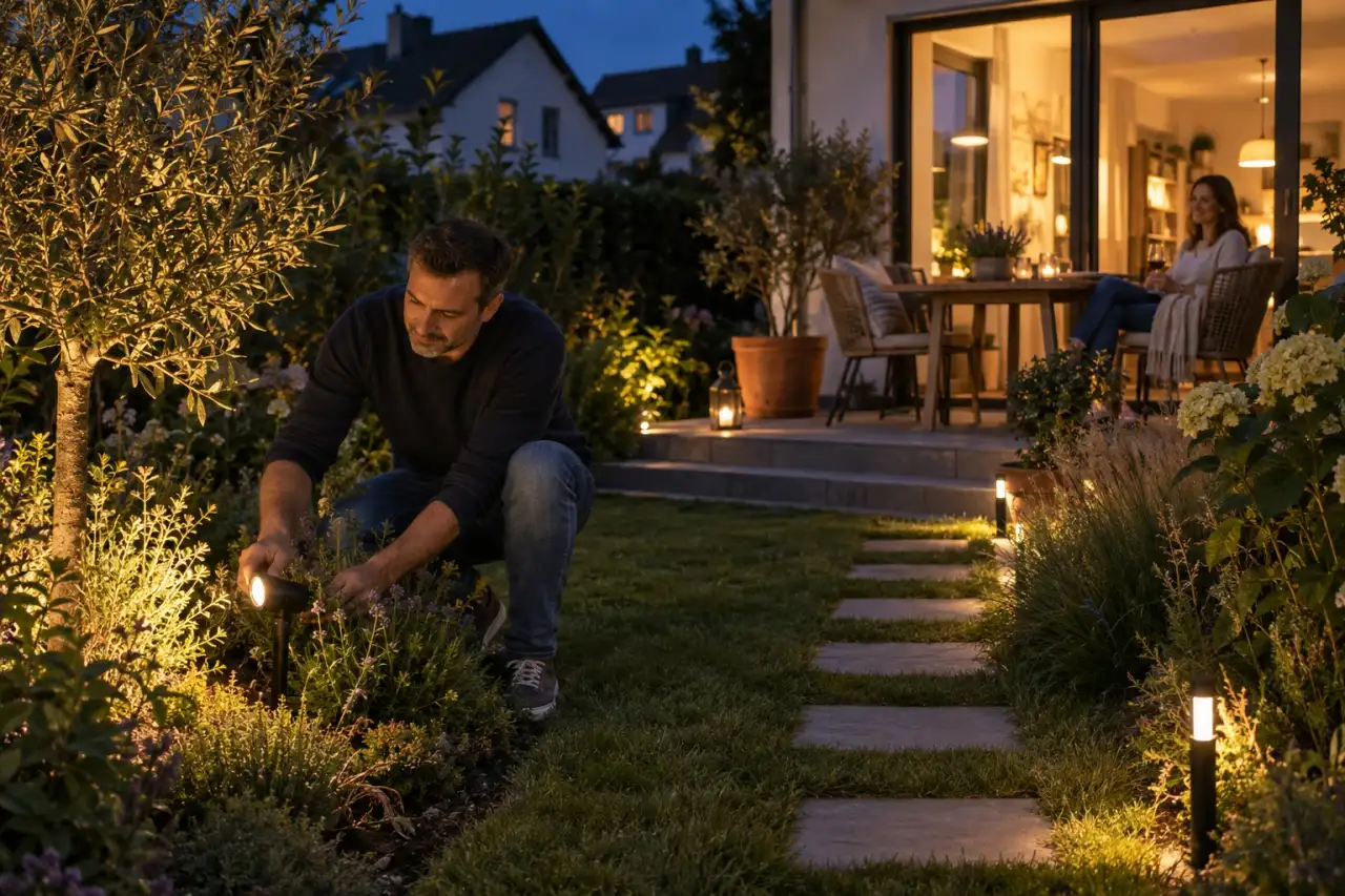 Abends fein abgestimmte Gartenbeleuchtung ohne harte Blendung.