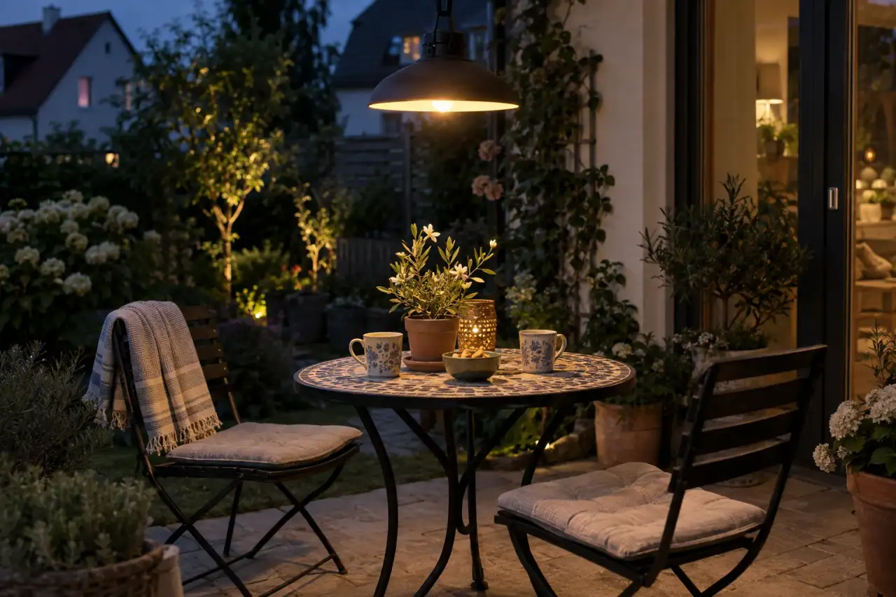Begrenzter warmer Lichtkreis über einem Gartentisch.
