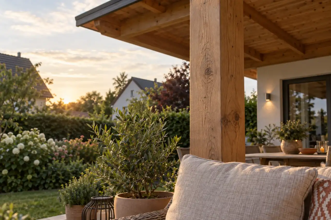 Warm beleuchtete Holzstruktur an einer Terrassenüberdachung.