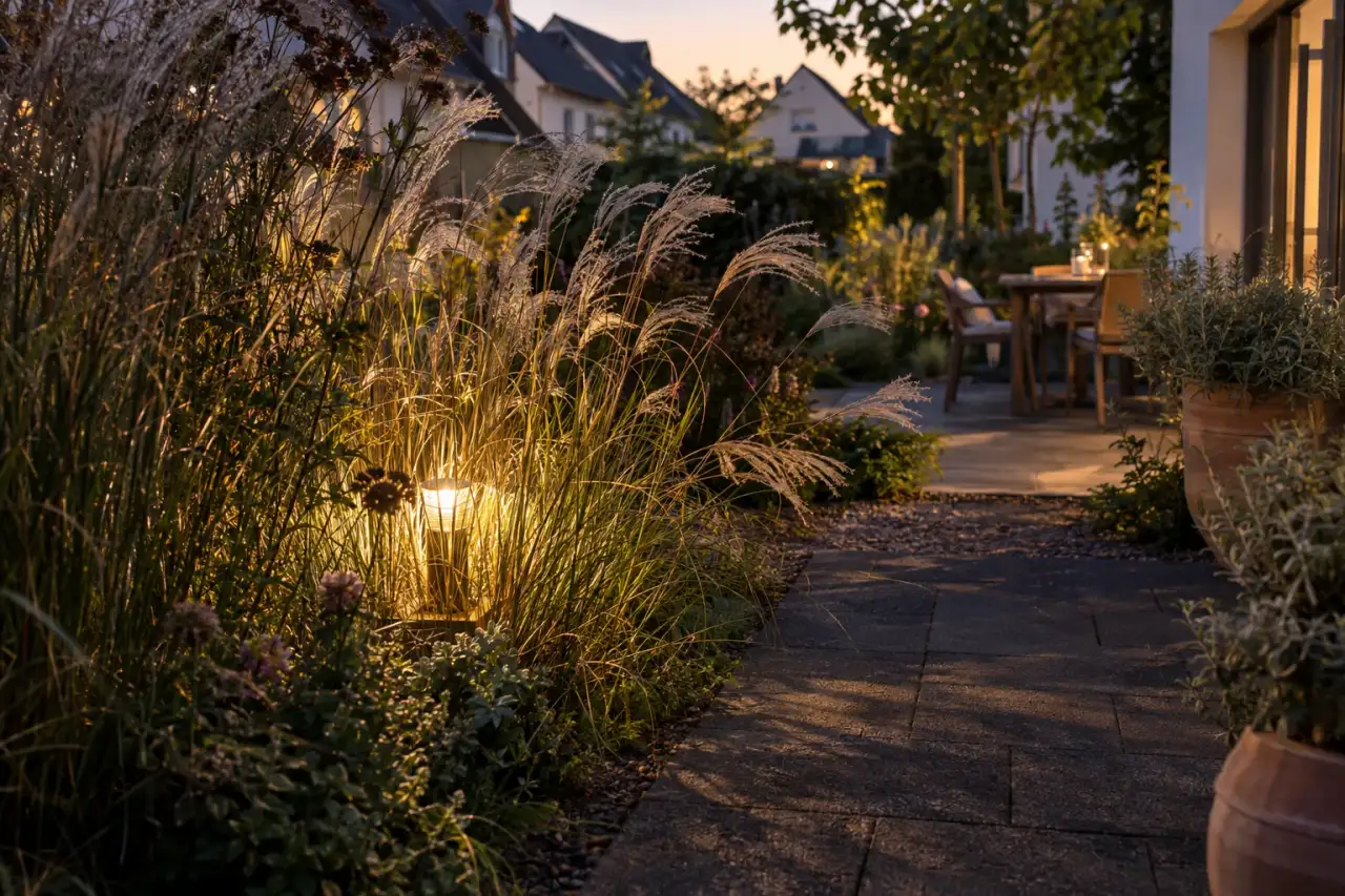 Feine Gräser werfen lebendige Schatten auf den Gartenweg.