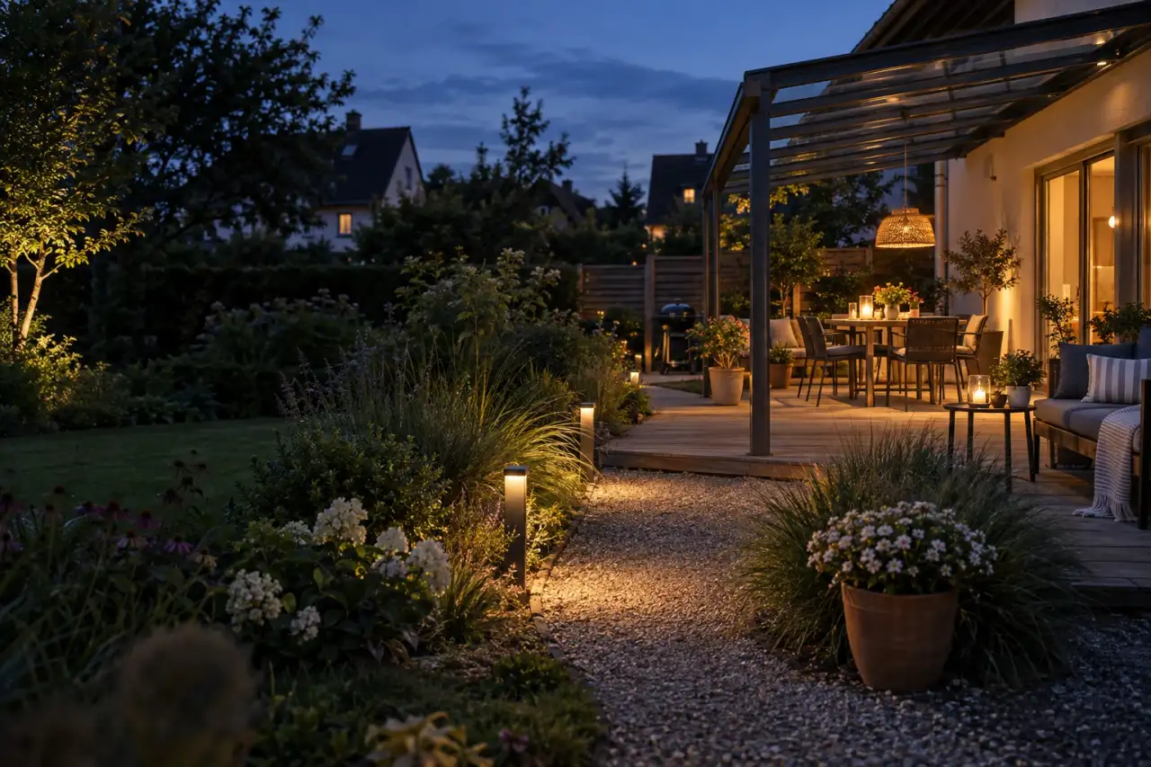 Stimmungsvoll beleuchteter Garten mit Weg, Terrasse und Pflanzenakzenten.