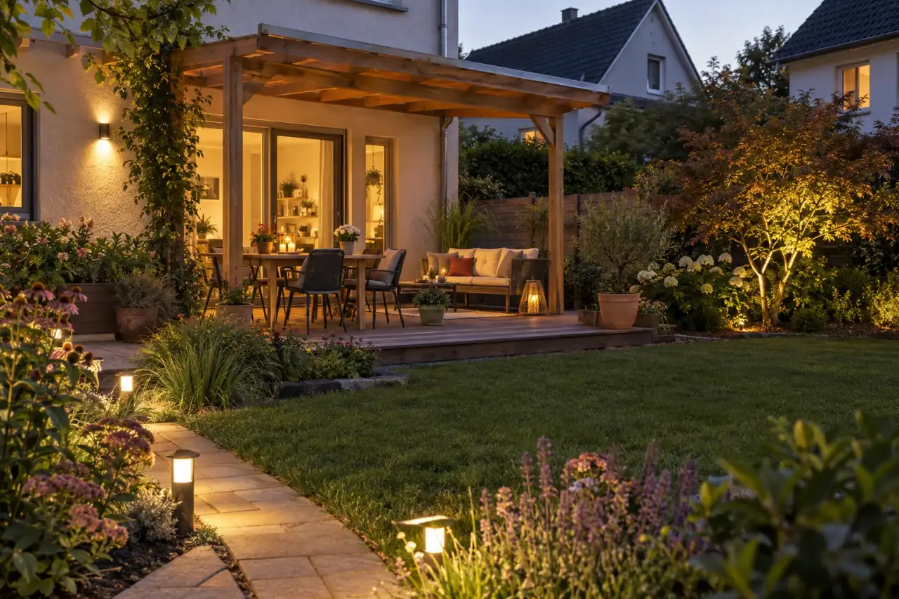 Eine Gartenszene mit Wegkante, Sitzplatz, Überdachung, Beet, Gehölz und Hauswand.
