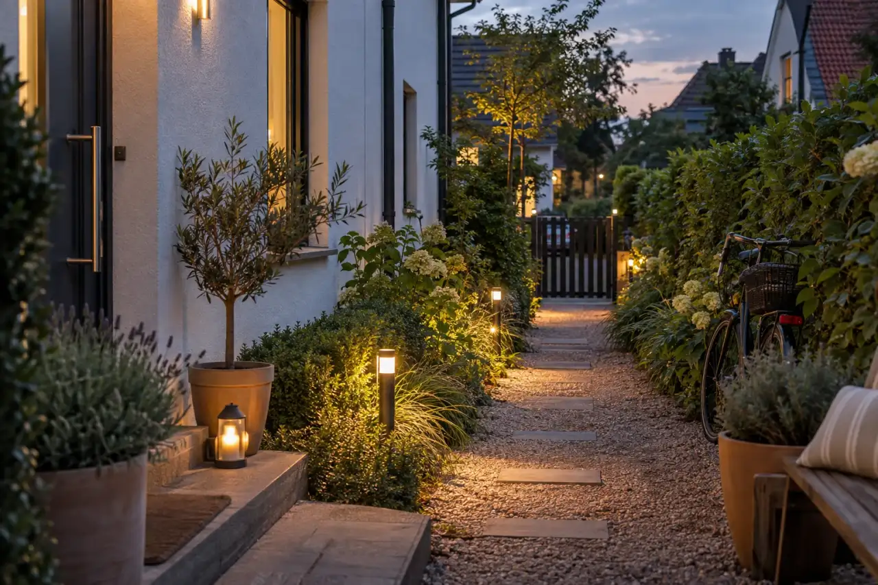 Klar geführter Ankunftsweg im schmalen Seitengarten.