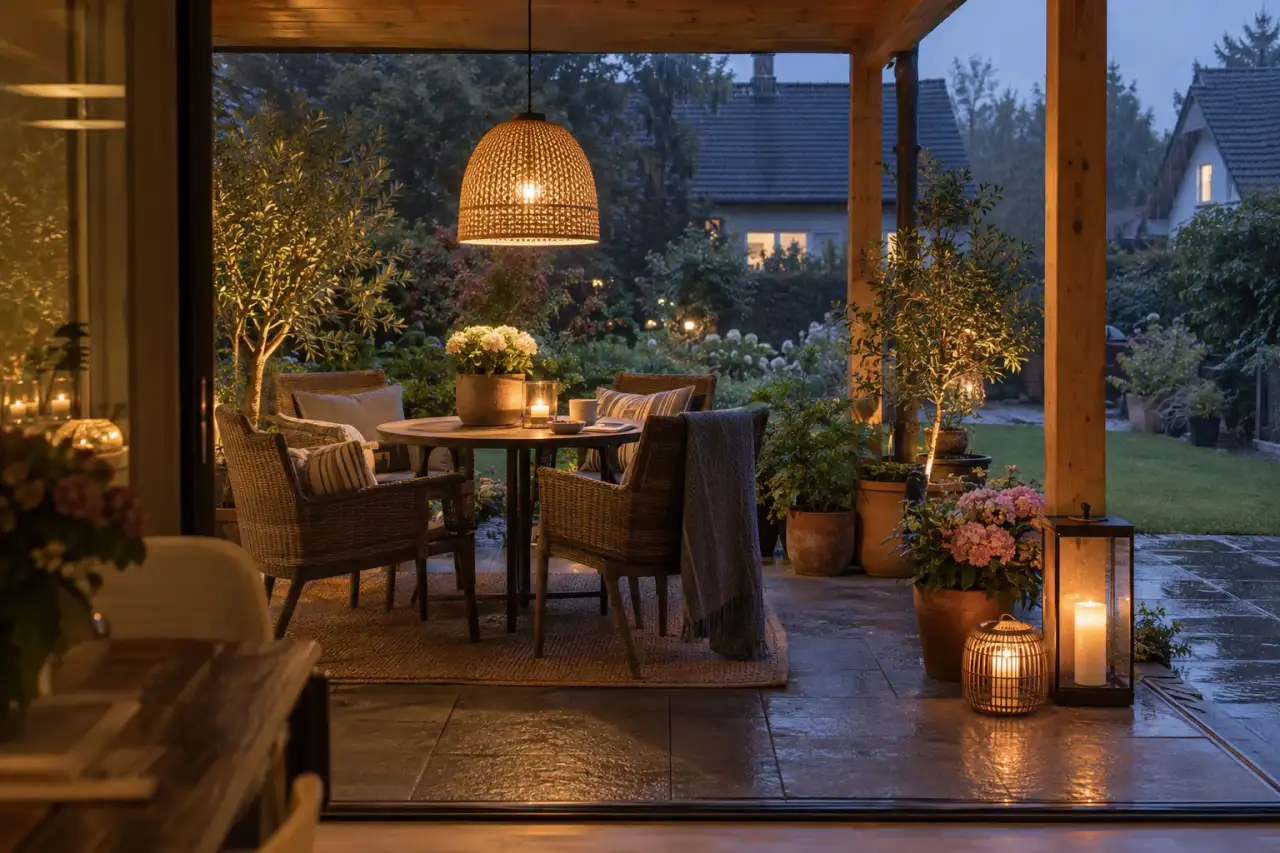 Wohnlicher Sitzplatz unter einer beleuchteten Terrassenüberdachung.