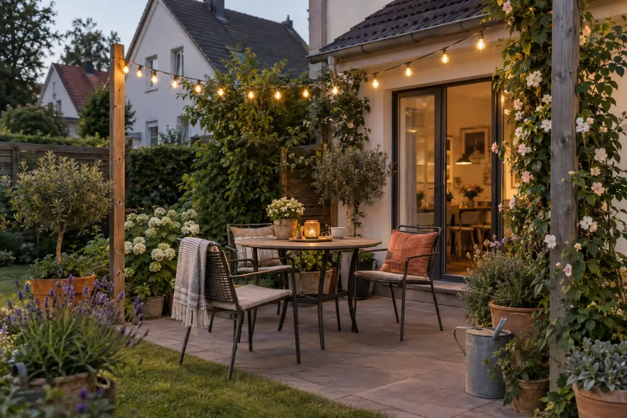 Feine Lichterkette über einem kleinen Patio.
