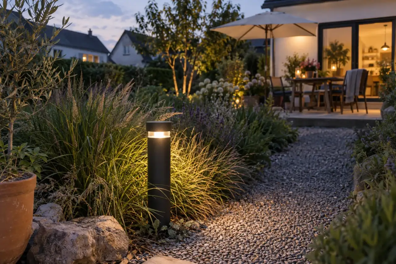 Matte Pollerleuchte zwischen Gräsern am Gartenweg.