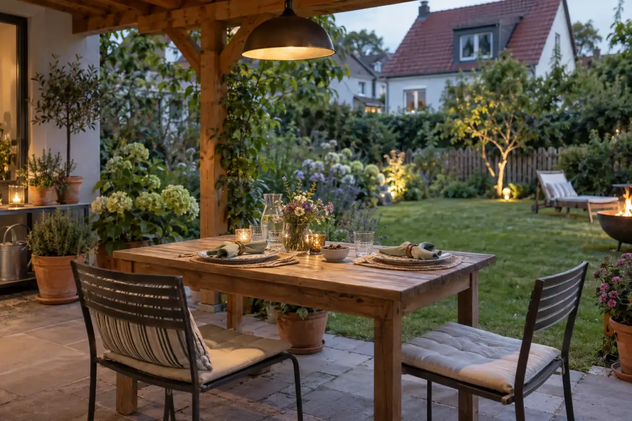 Pendelleuchte über einem gedeckten Gartentisch.