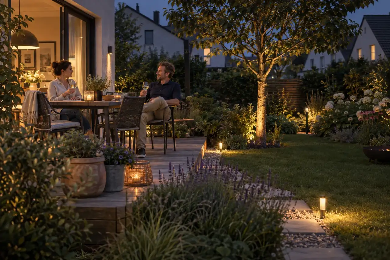 Ruhiger Gartenabend mit abgestimmten Lichtschichten.