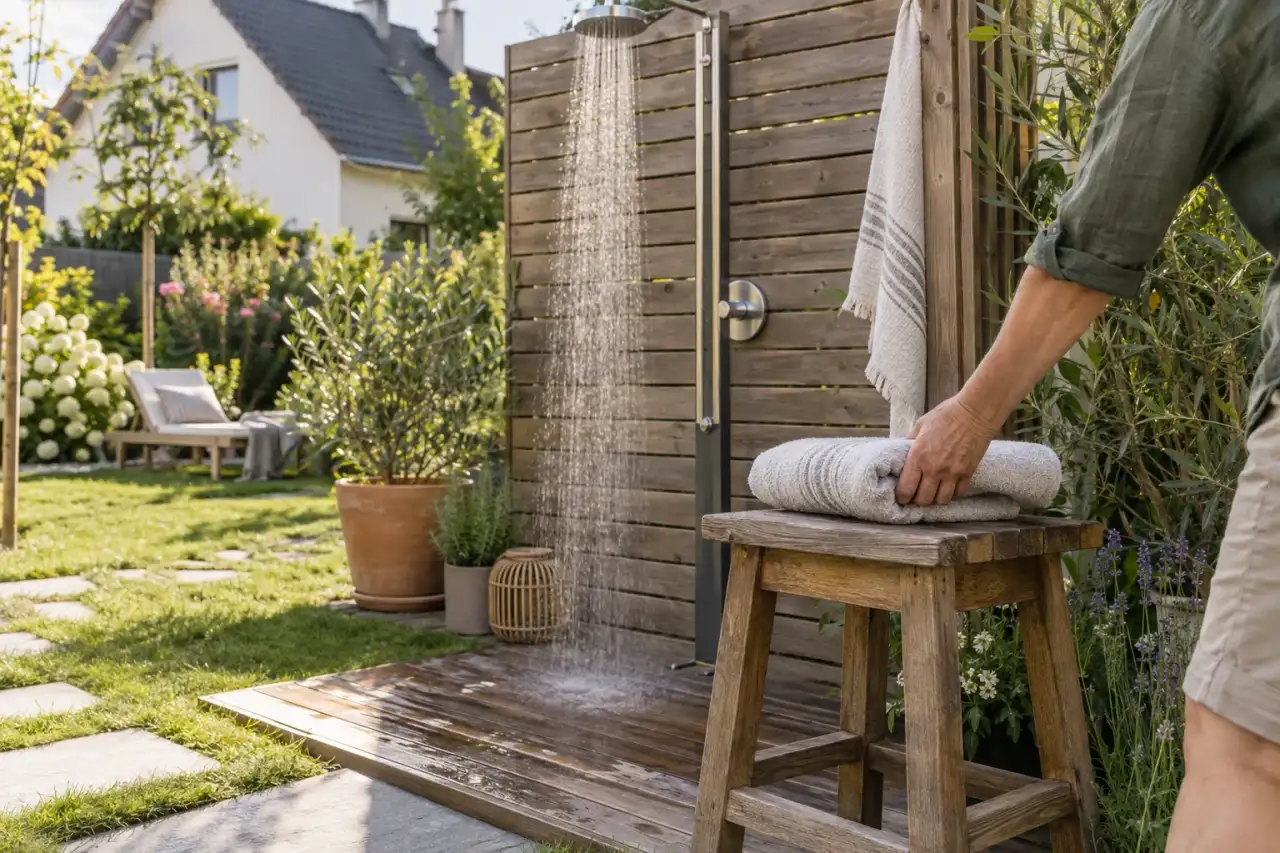 Hand legt ein Handtuch an einer stimmig gestalteten Gartendusche ab.