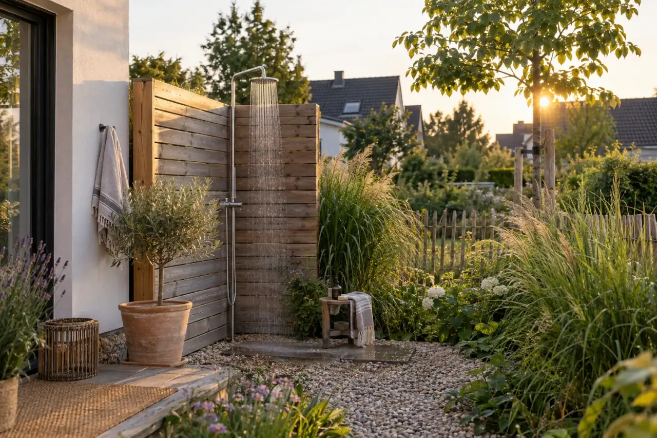Naturnahe Abendstimmung an einer Gartendusche.