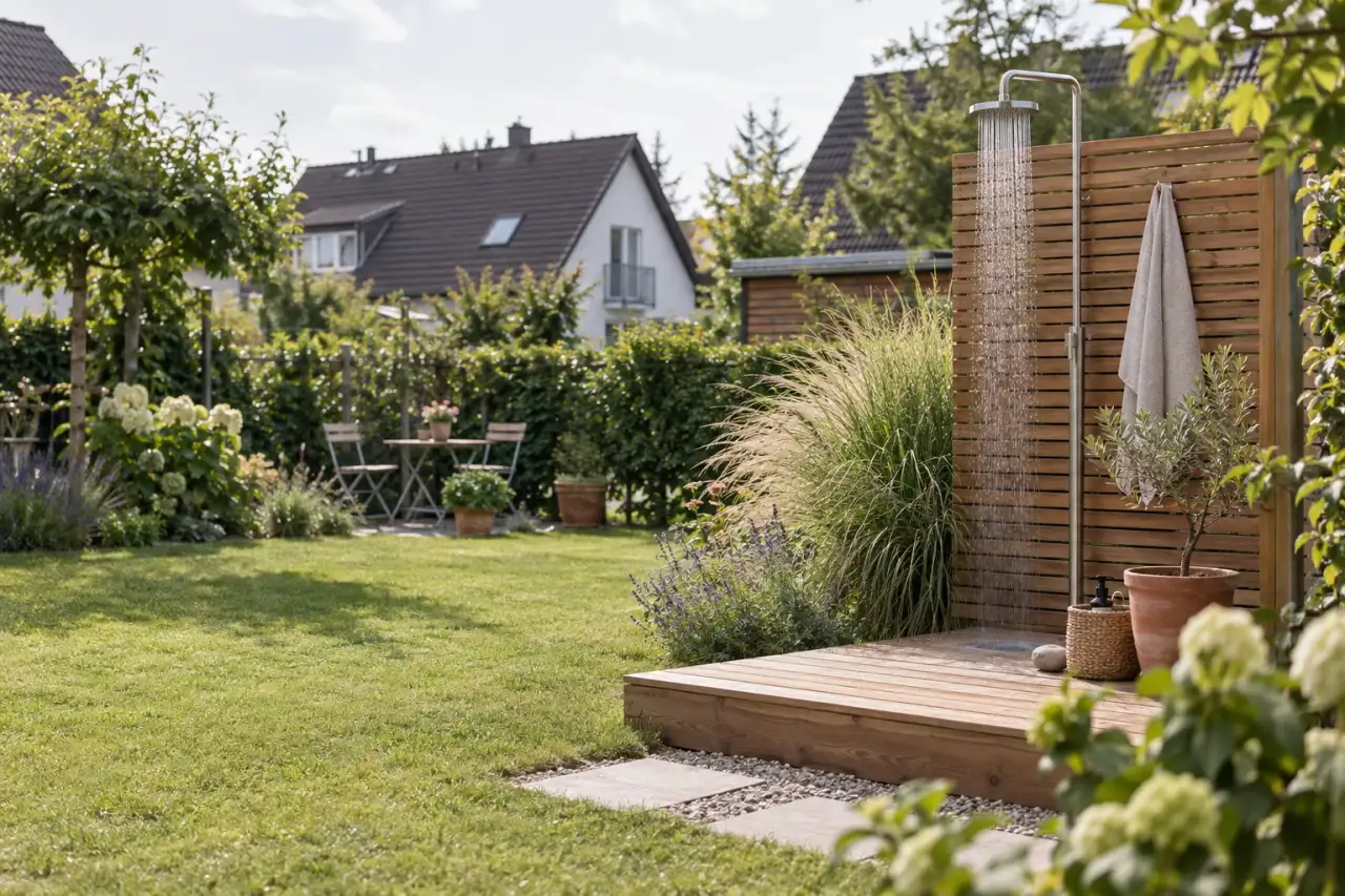 Stilvolle Gartendusche neben Holzdeck, Gräsern und luftigem Sichtschutz.