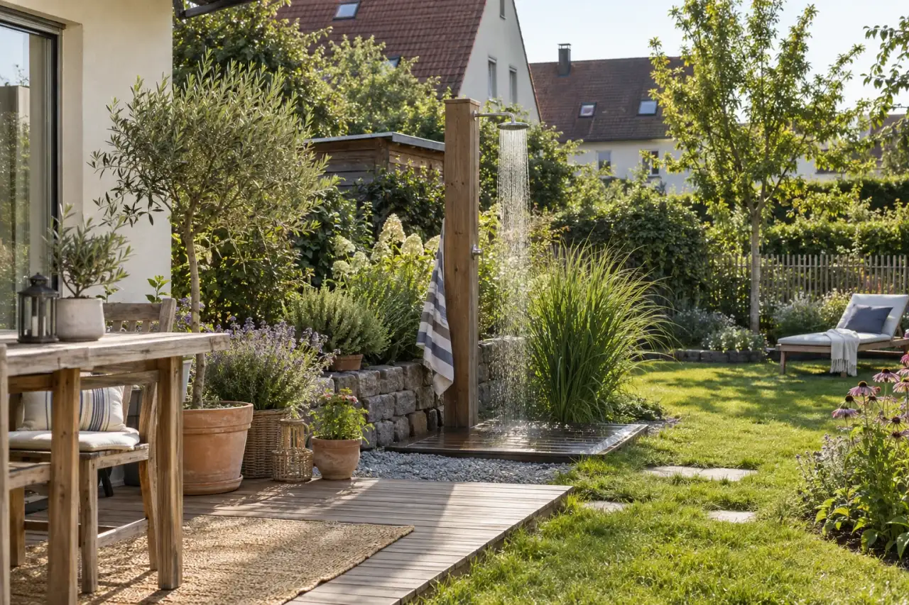 Schlichte Außendusche als Mittelpunkt eines Gartenplatzes.