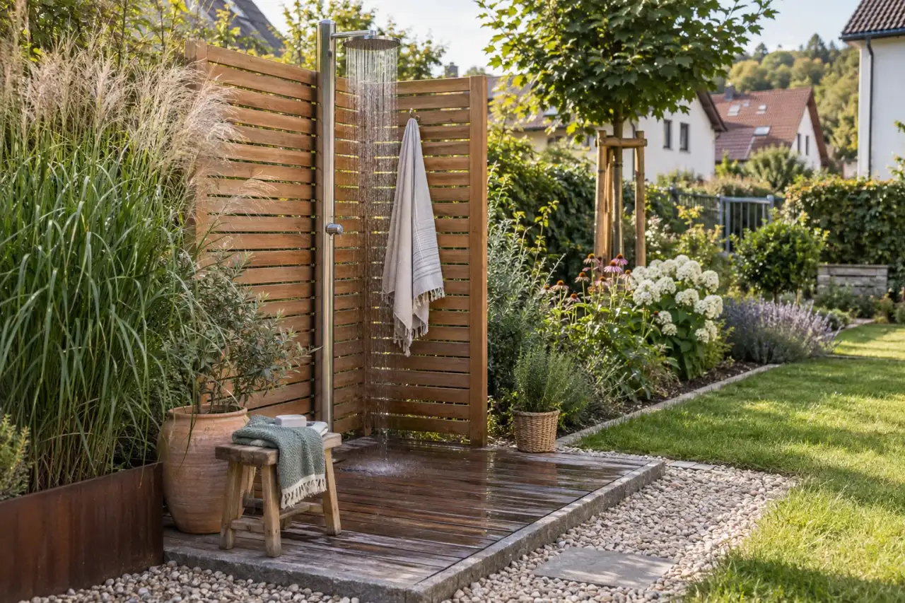Eine Gartenszene mit Dusche, Sichtschutz, Standfläche, Pflanzen, Ablage und Wasserführung.
