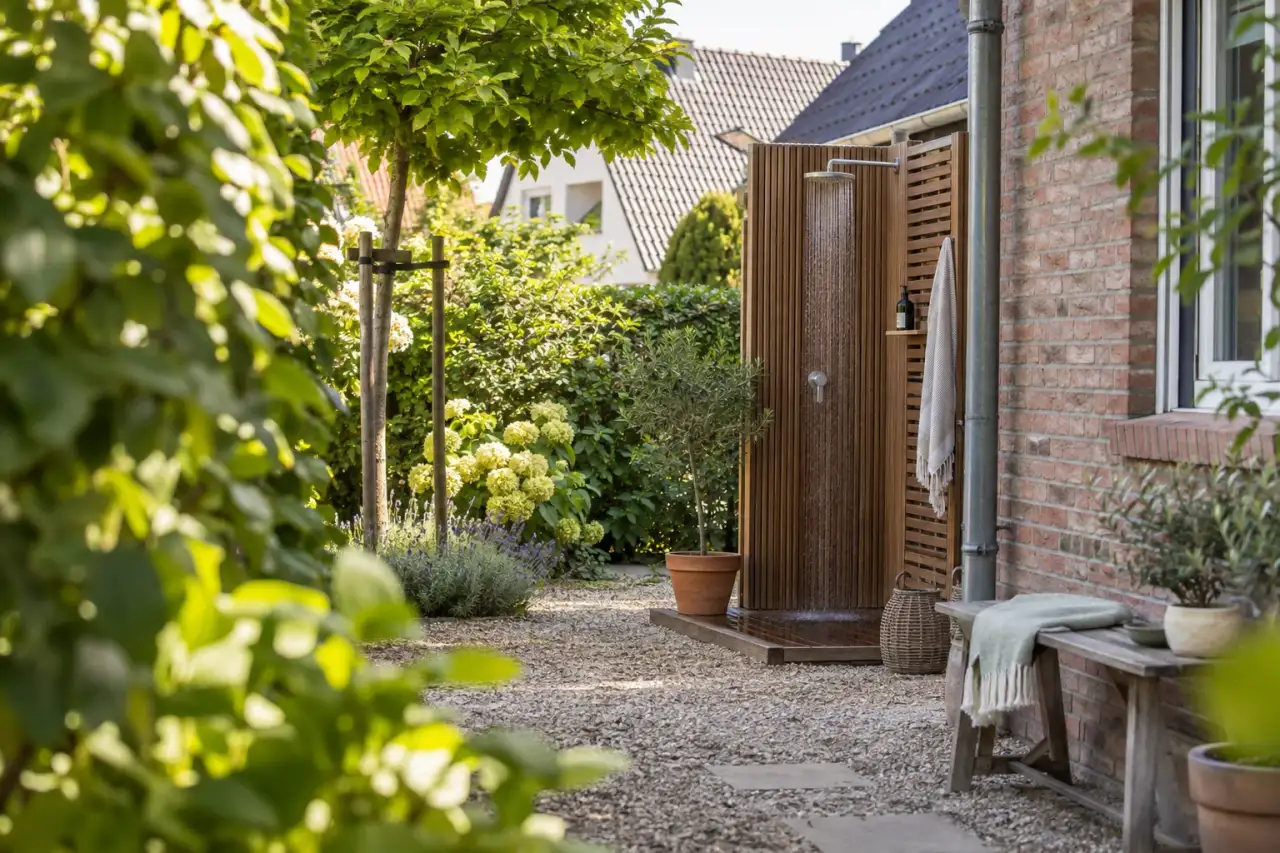 Hausnahe Dusche mit diskreter Einbindung und geschütztem Sitzplatz.