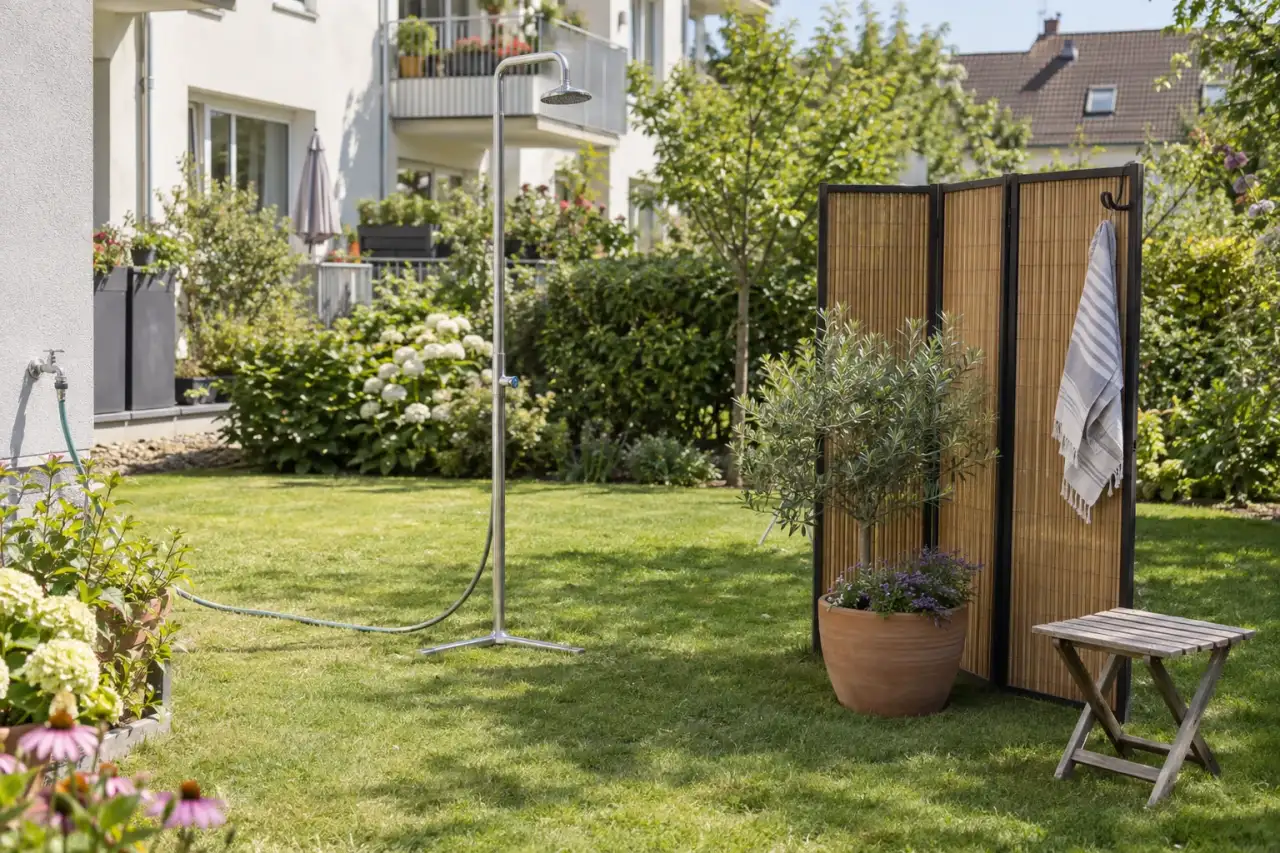 Mobile Kaltwasserdusche in einem kleinen, flexibel nutzbaren Garten.