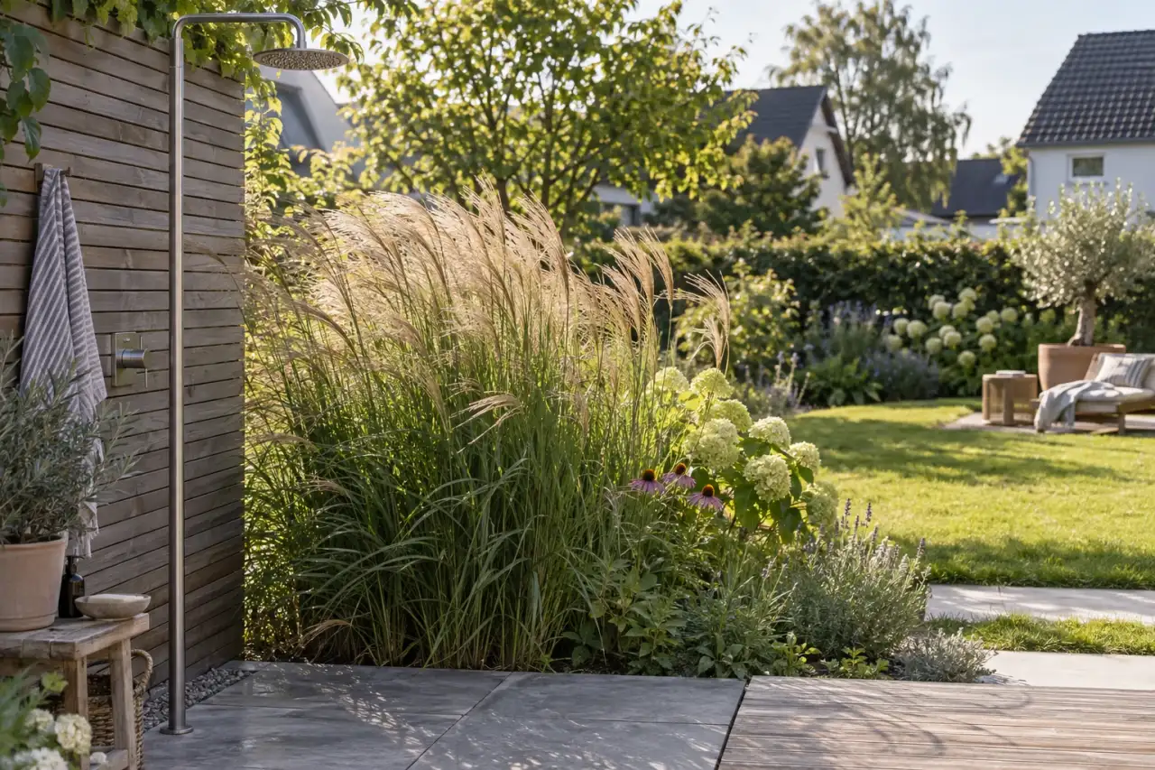 Lockere Ziergräser begleiten eine Gartendusche.