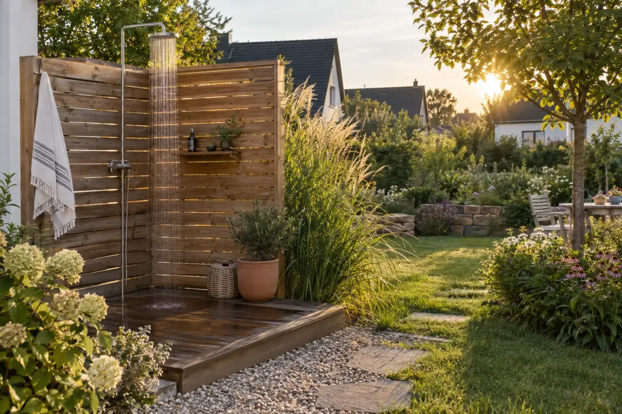 Ruhiger, fertig gestalteter Duschplatz im heimischen Garten.