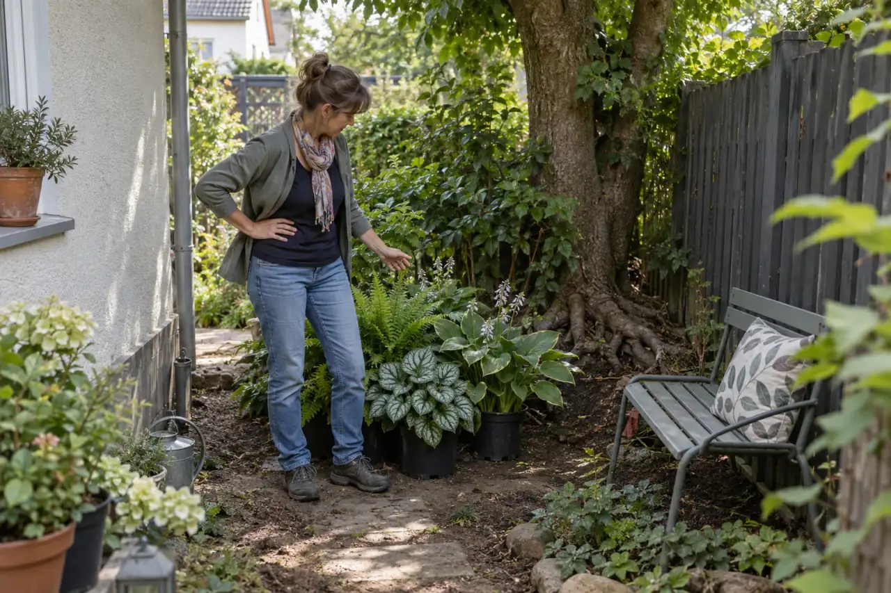 Eine Person vergleicht Pflanzengruppe und Sitzplatz in einer schattigen Gartenecke.