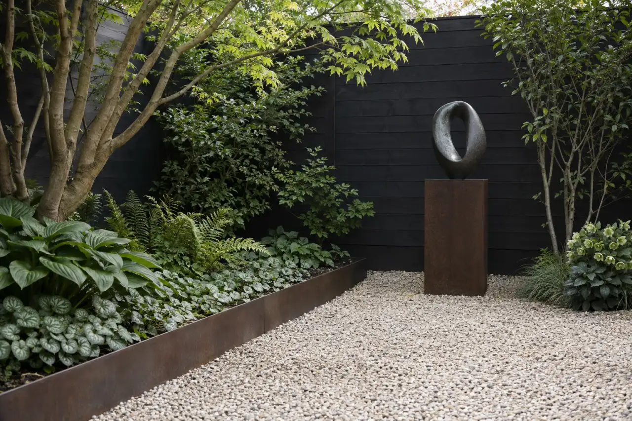 Heller Kies und eine Skulptur ordnen eine dunkle Gartenecke.