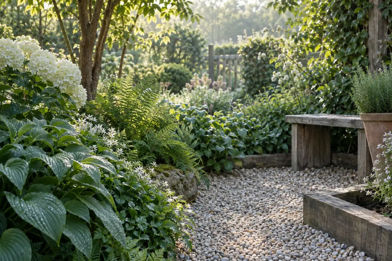 Weiches Morgenlicht legt sich über eine ruhige grüne Gartenecke.