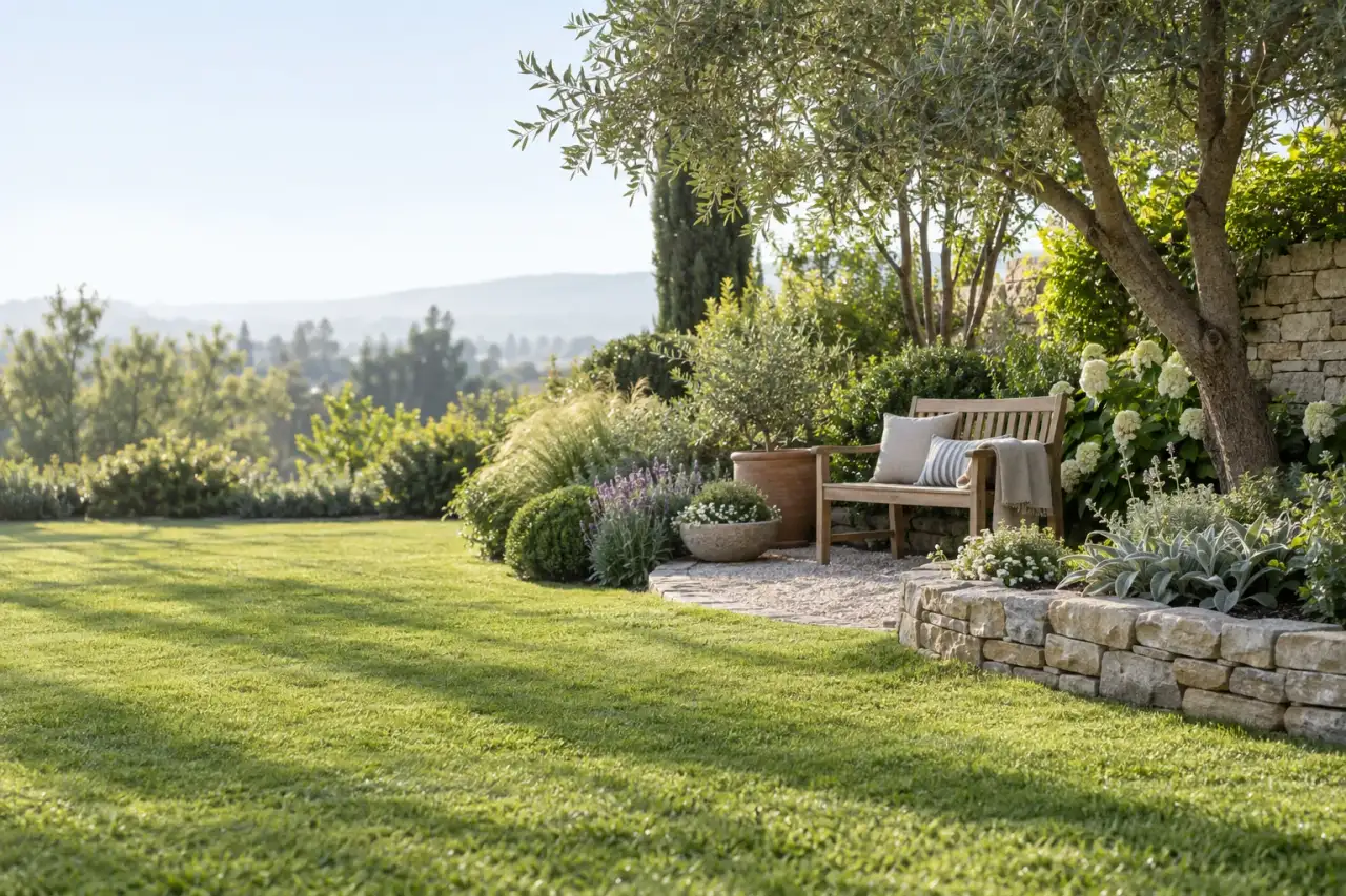 Eine begrünte Gartenecke verbindet einen Sitzplatz mit klaren Kanten und natürlichen Materialien.