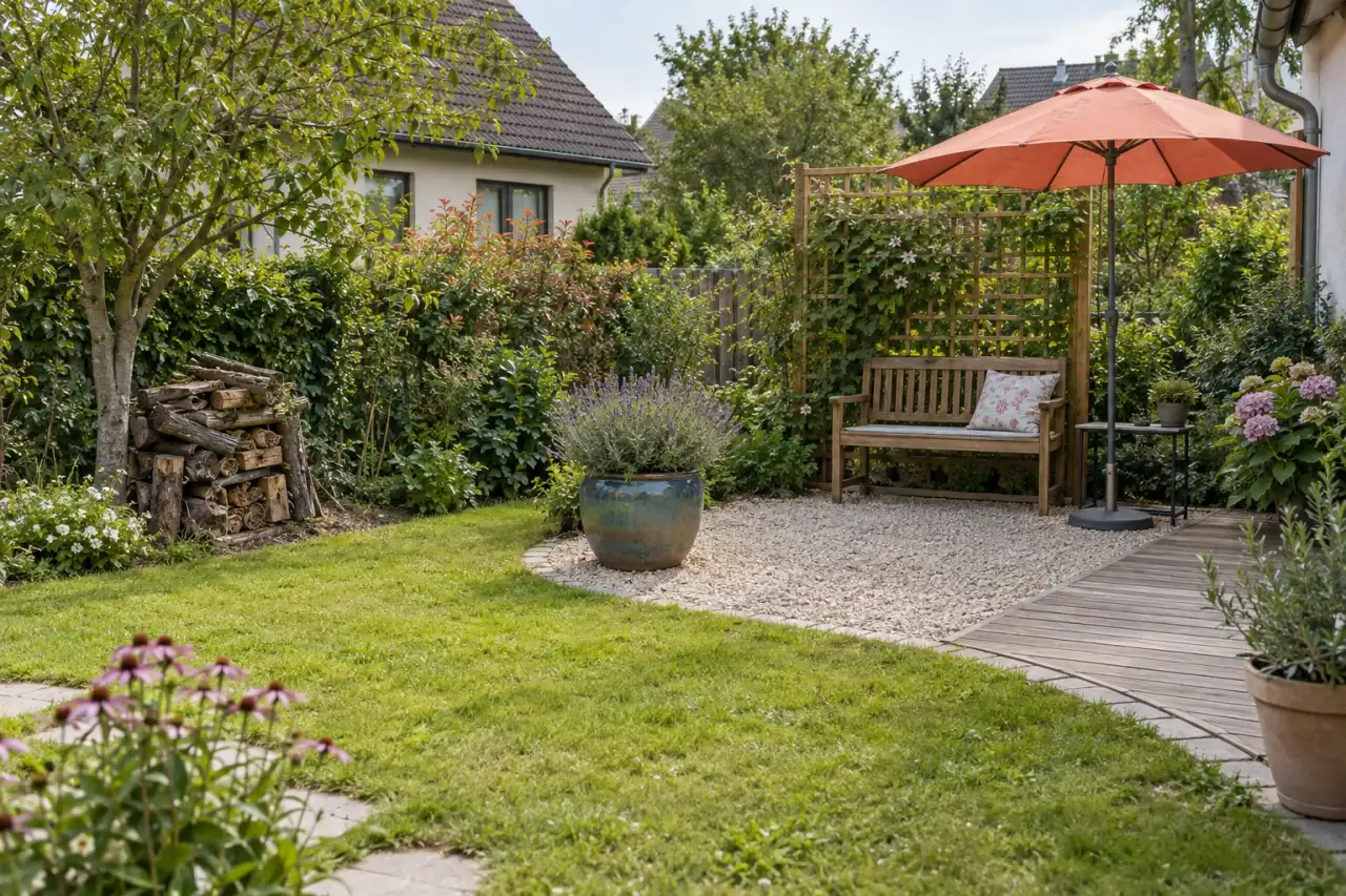 Eine Gartenecke verbindet Gehölzrahmen, Kies, Rankgitter, Bank, Kübel und Totholz.