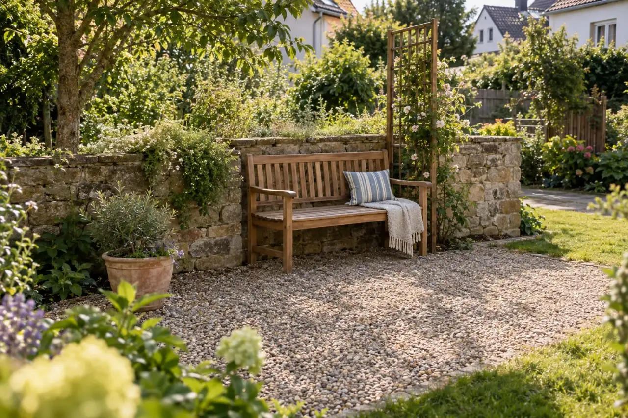 Eine kompakte Holzbank nutzt eine schmale Gartenecke.