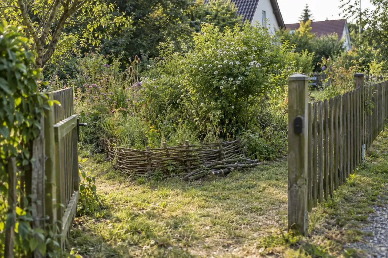 Eine wilde Naturecke mit Gehölzen, Weidenrand und lockerem Bewuchs liegt hinter einem Gartenzaun.