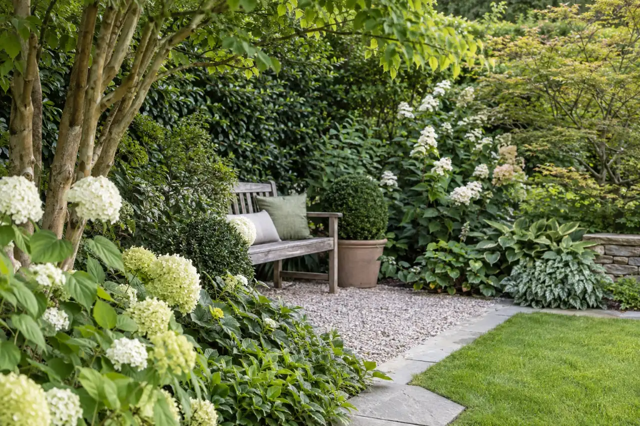 Ein lockerer Gehölzrahmen fasst eine naturnahe Gartenecke.