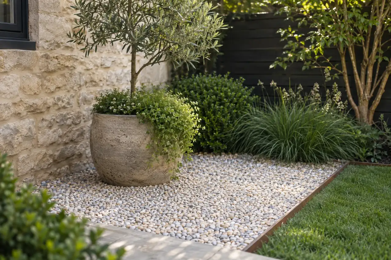 Heller Kies ordnet eine kleine Gartenecke mit klarer Kante.