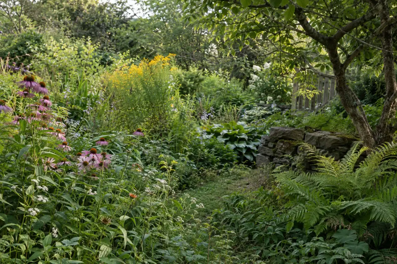 Lockerer Bewuchs füllt eine naturnahe Gartenecke mit lebendiger Struktur.