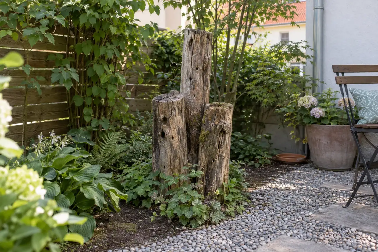 Totholz liegt als bewusst gestaltetes Naturmotiv zwischen Kies und Bewuchs.