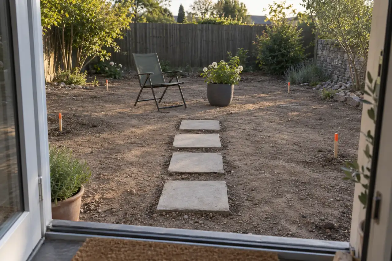 Eine provisorisch eingerichtete Gartenecke wird vor dem endgültigen Ausbau im Alltag getestet.