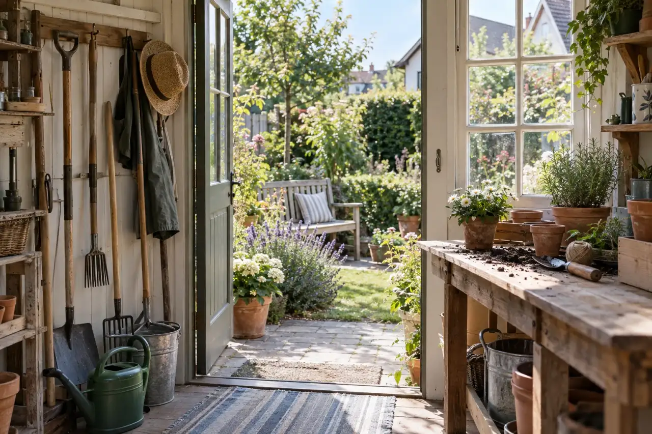 Ein Gartenhaus mit klar erkennbarer Geräte-, Arbeits- und Pausenzone.