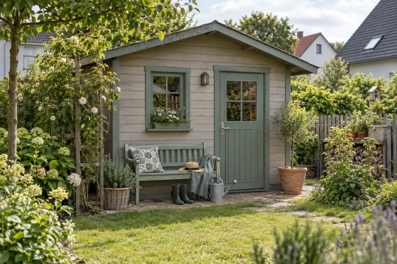 Gartenhaus, Türrahmen und Bank greifen einen Farbton dezent wieder auf.