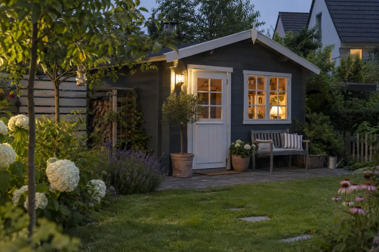 Gartenhaus mit Bank und ruhiger Abendstimmung.