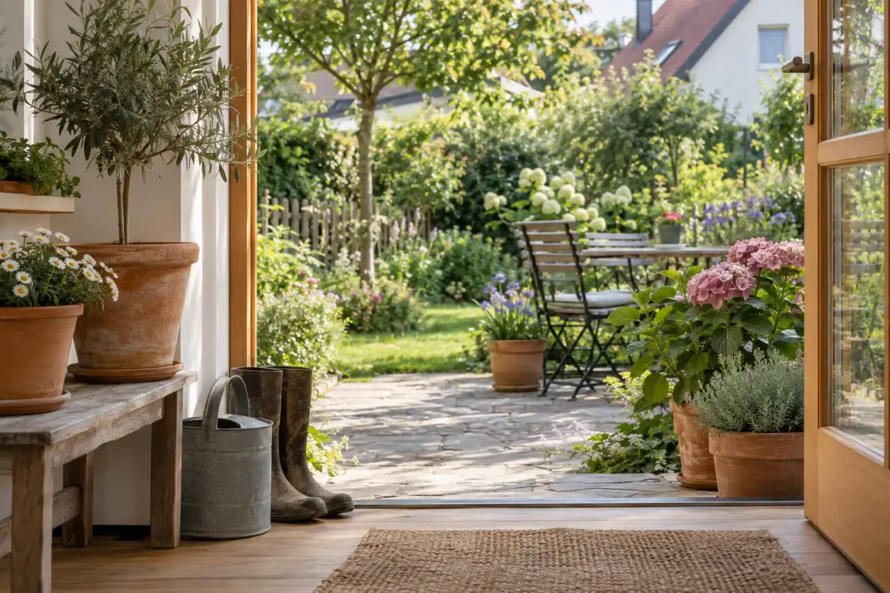 Holz, Terrakotta und Gartenpflanzen am offenen Eingang.