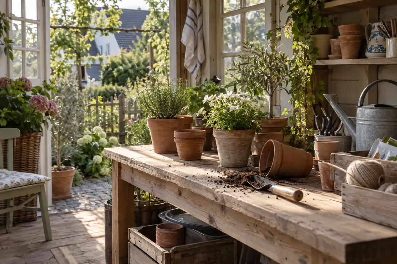 Morgenlicht fällt weich auf den Pflanztisch im Gartenhaus.