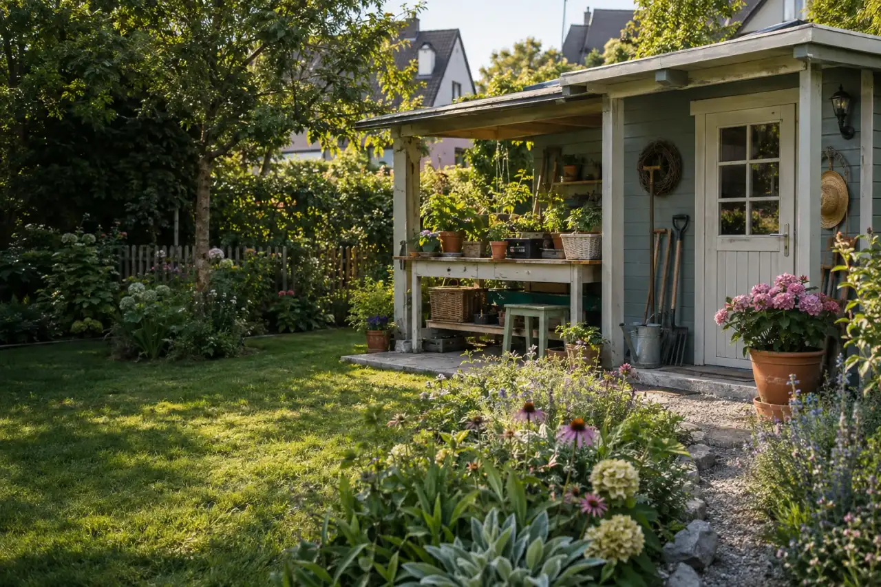 Gestaltetes Gartenhaus mit Pflanztisch, geordneten Geräten und einladendem Eingangsbereich.