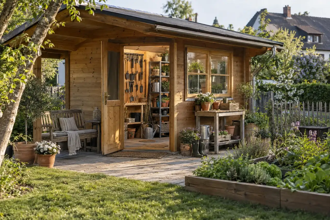 Eine Gartenszene mit Gerätewand, Pflanztisch, Regal, Vorplatz, Beetweg und Sitzbank.