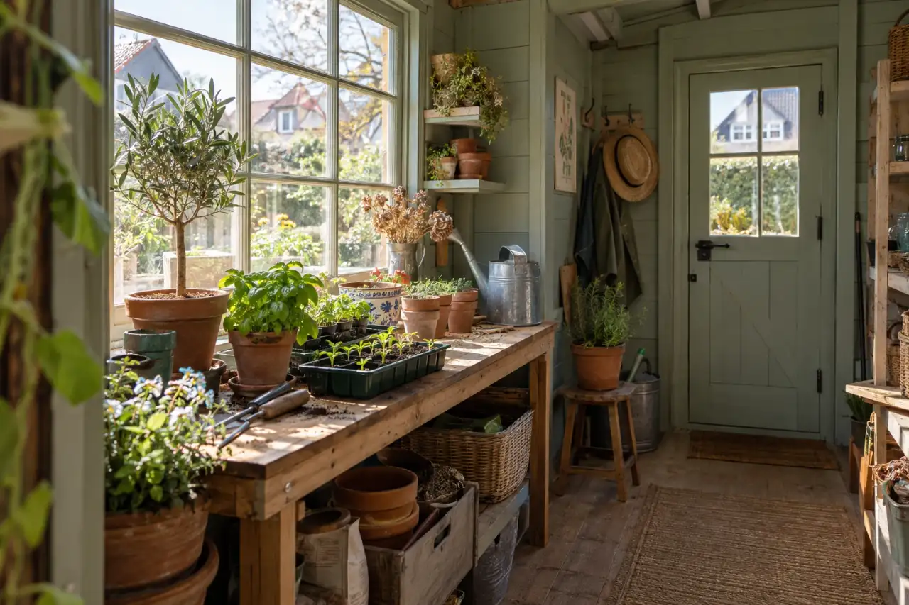 Gartenhaus mit hellem Pflanztisch und freiem Arbeitsbereich.